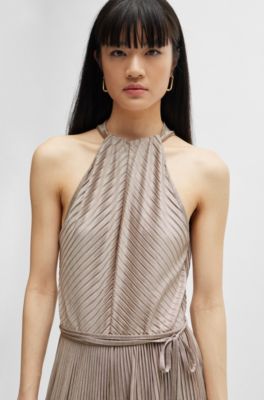 Sleeveless jumpsuit with pliss&eacute; pleats and tie belt, Light Beige