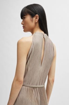 Sleeveless jumpsuit with pliss&eacute; pleats and tie belt, Light Beige