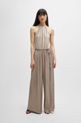 Sleeveless jumpsuit with pliss&eacute; pleats and tie belt, Light Beige