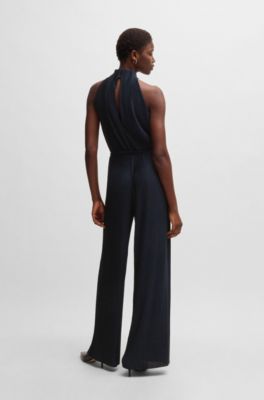 Sleeveless jumpsuit with pliss&eacute; pleats and tie belt, Dark Blue