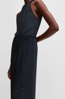 Sleeveless jumpsuit with pliss&eacute; pleats and tie belt, Dark Blue