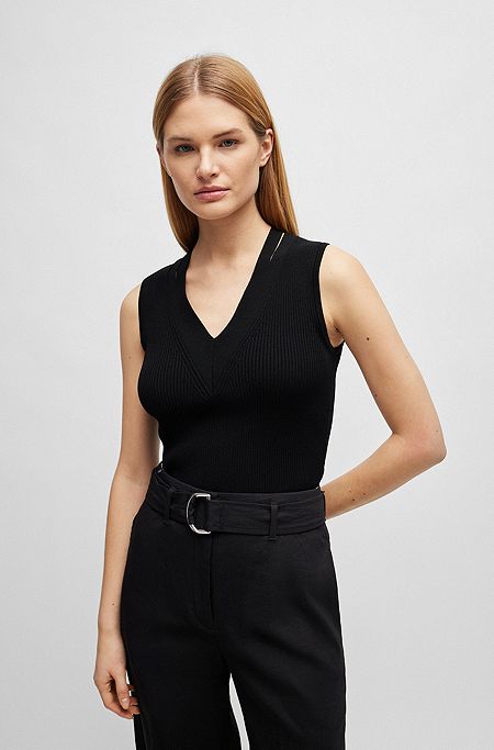 Sleeveless knitted top with cut-out details, Black