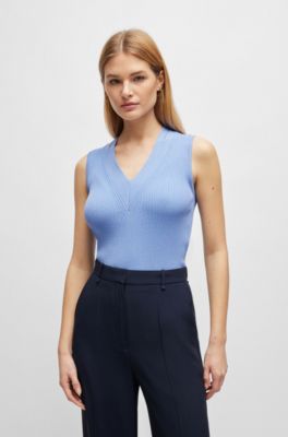 Sleeveless knitted top with cut-out details, Blue
