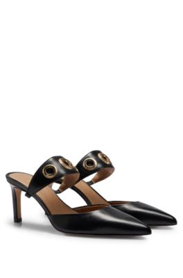 Pointed toe buckle mules