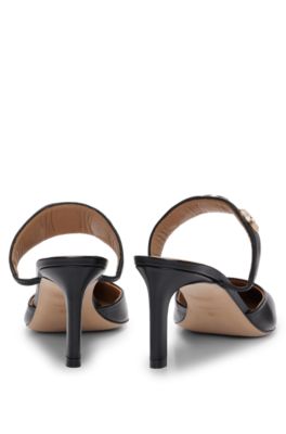 Leather pointed-toe mules with eyelet details, Black