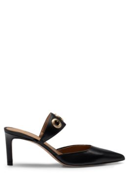 Leather pointed-toe mules with eyelet details, Black