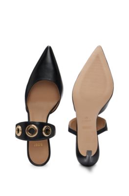Leather pointed-toe mules with eyelet details, Black