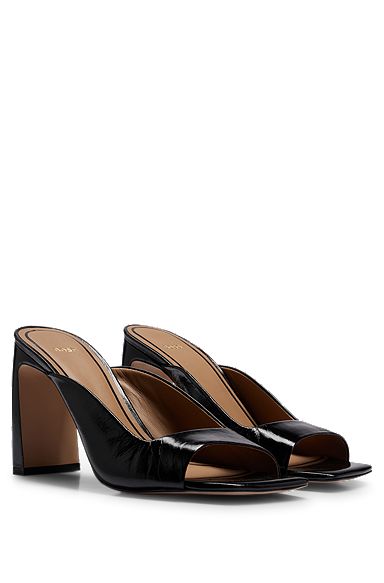 Open-toe mules in crinkled leather with block heel, Black