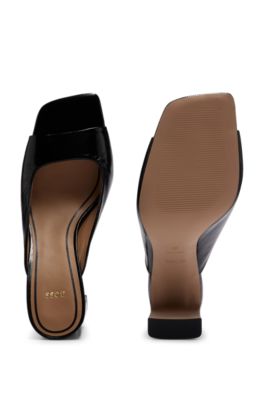 Open-toe mules in crinkled leather with block heel, Black