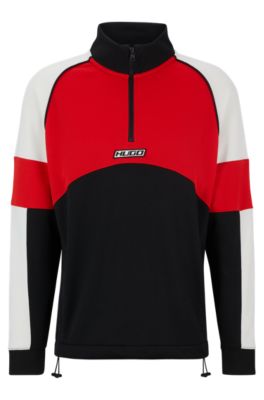 Hugo Color-blocked Sweatshirt With Racing-inspired Logo Badge In Black