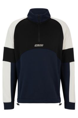 Hugo Color-blocked Sweatshirt With Racing-inspired Logo Badge In Dark Blue