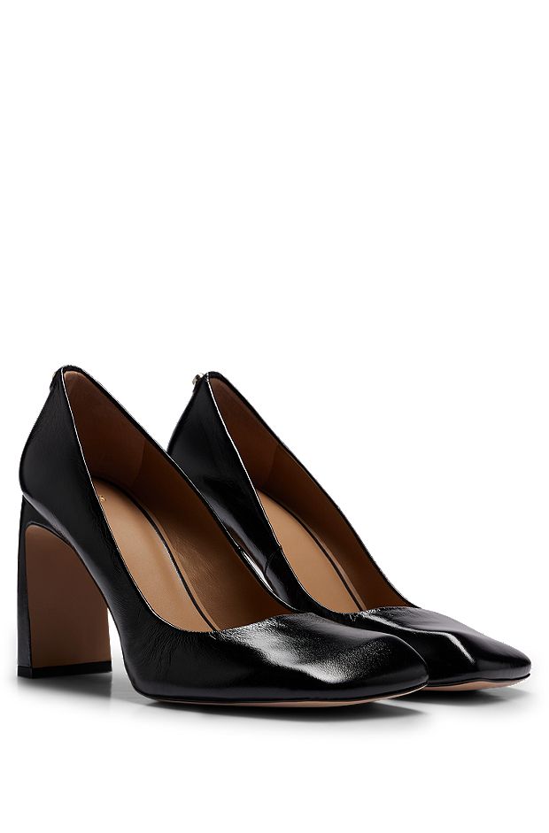 Square-toe leather pumps with 9cm block heel, Black