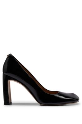 Square-toe leather pumps with 9cm block heel, Black