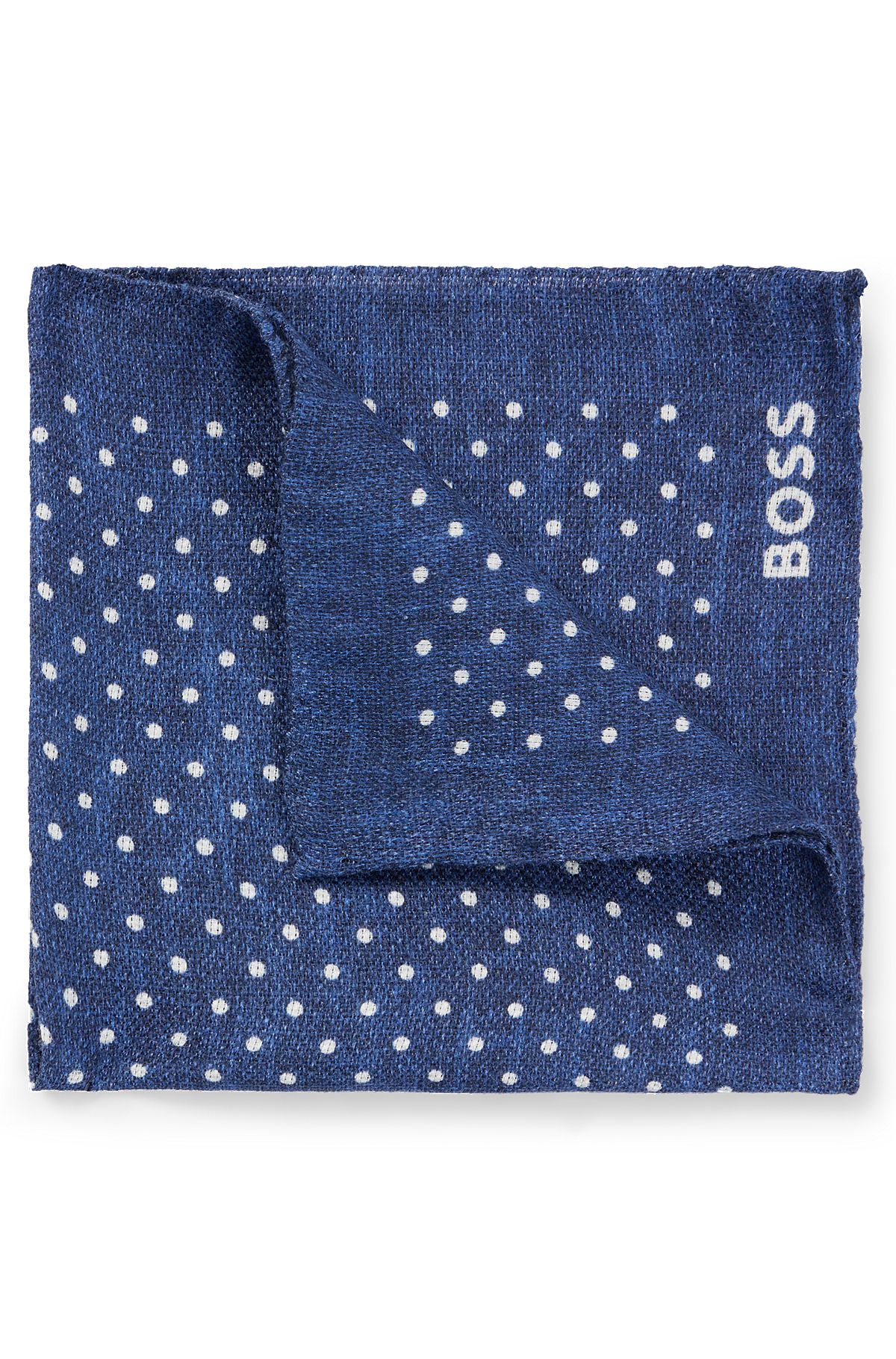 Printed pocket square in linen and cotton, Dark Blue