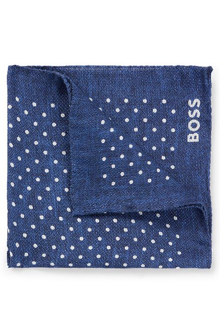 Printed pocket square in linen and cotton, Dark Blue
