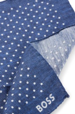 Printed pocket square in linen and cotton, Dark Blue