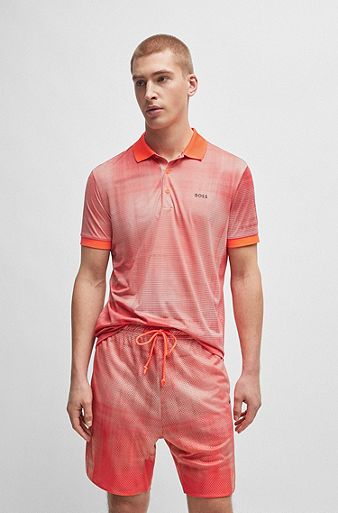 Printed-mesh polo shirt with logo detail, Light Red