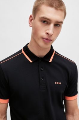 Polo de piqu&eacute; de algod&oacute;n con rayas en contraste y logo, Negro