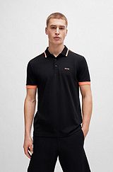 Cotton-piqué polo shirt with contrast stripes and logo, Black