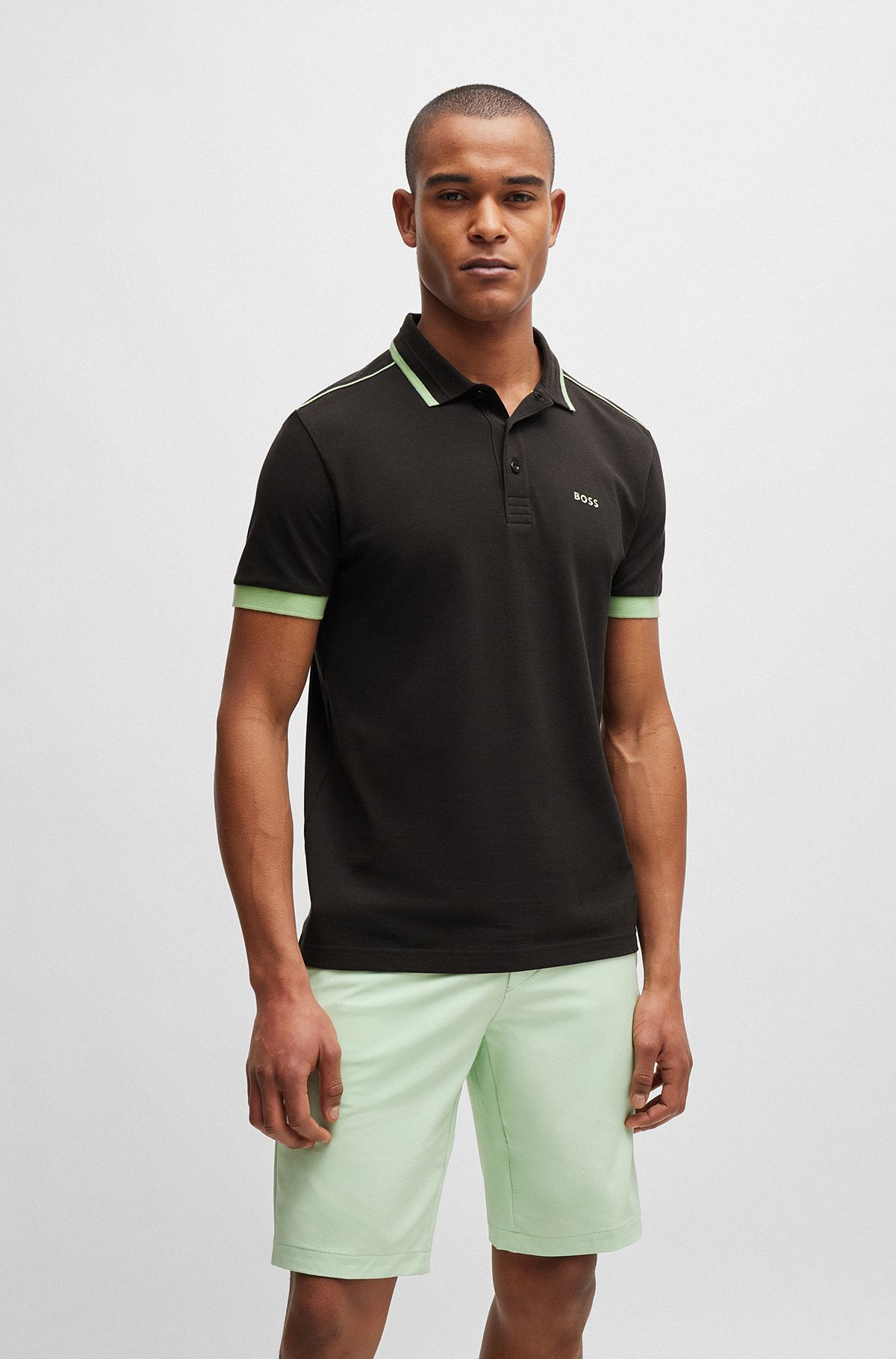Cotton-piqué polo shirt with contrast stripes and logo, Dark Grey