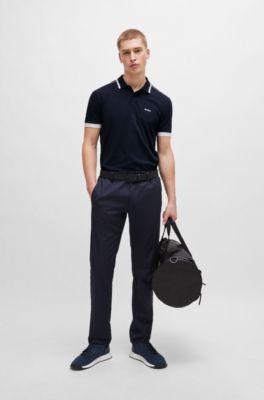 Polo de piqu&eacute; de algod&oacute;n con rayas en contraste y logo, Azul oscuro