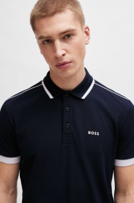 Polo de piqu&eacute; de algod&oacute;n con rayas en contraste y logo, Azul oscuro