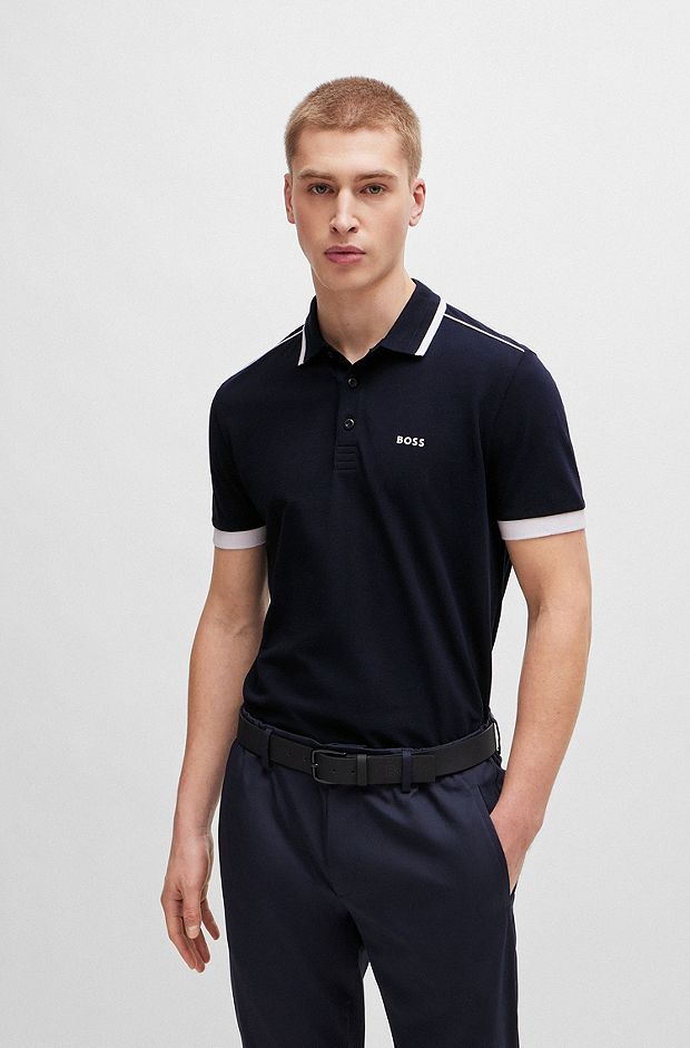 Cotton-piqué polo shirt with contrast stripes and logo, Dark Blue