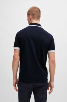 Polo de piqu&eacute; de algod&oacute;n con rayas en contraste y logo, Azul oscuro