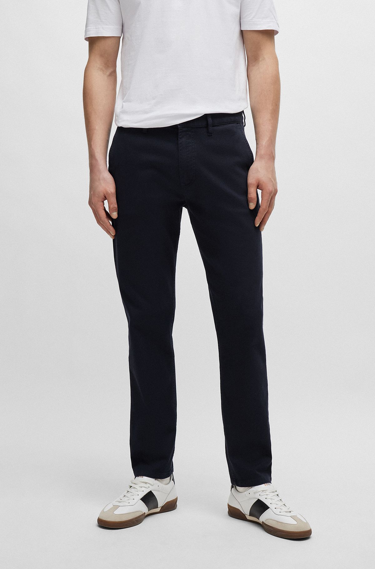 Tapered-fit trousers in honeycomb-structured stretch cotton, Dark Blue