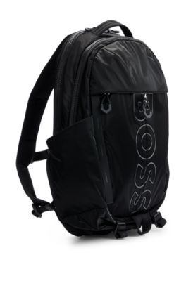 Coated-velour multi-pocket backpack with outline logo, Black