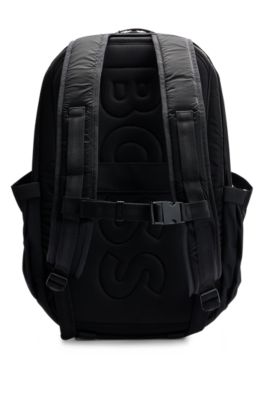 Coated-velour multi-pocket backpack with outline logo, Black