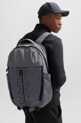 BOSS Coated-velour multi-pocket backpack with outline logo Grey