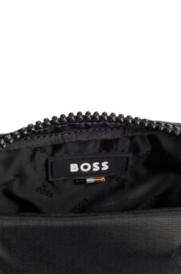 Coated-velour cross-body bag with outline logo, Black