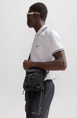 Coated-velour cross-body bag with outline logo, Black