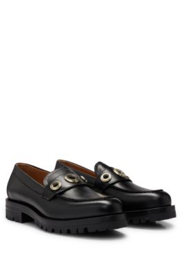 Hugo Boss Leather Moccasins With Eyelet Details In Black