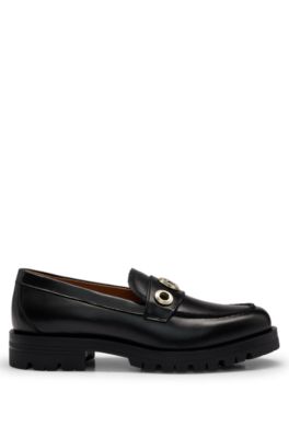 Leather moccasins with eyelet details, Black