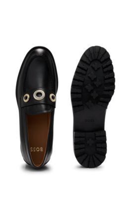 Leather moccasins with eyelet details, Black