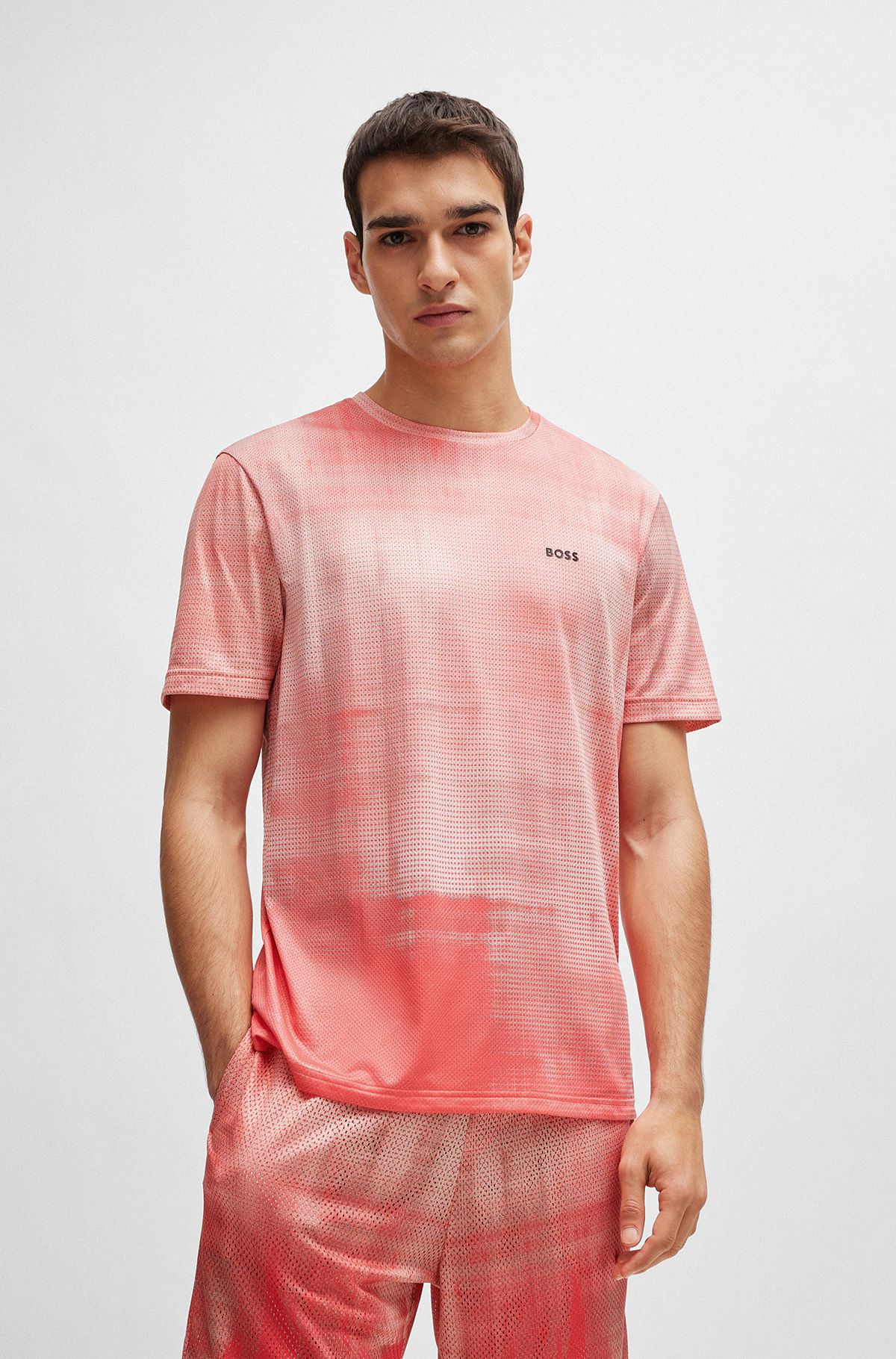 Printed-mesh regular-fit T-shirt with logo detail, Light Red