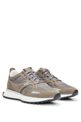 Shop Hugo Boss Mixed-material Trainers With Suede And Branded Trims In Light Grey