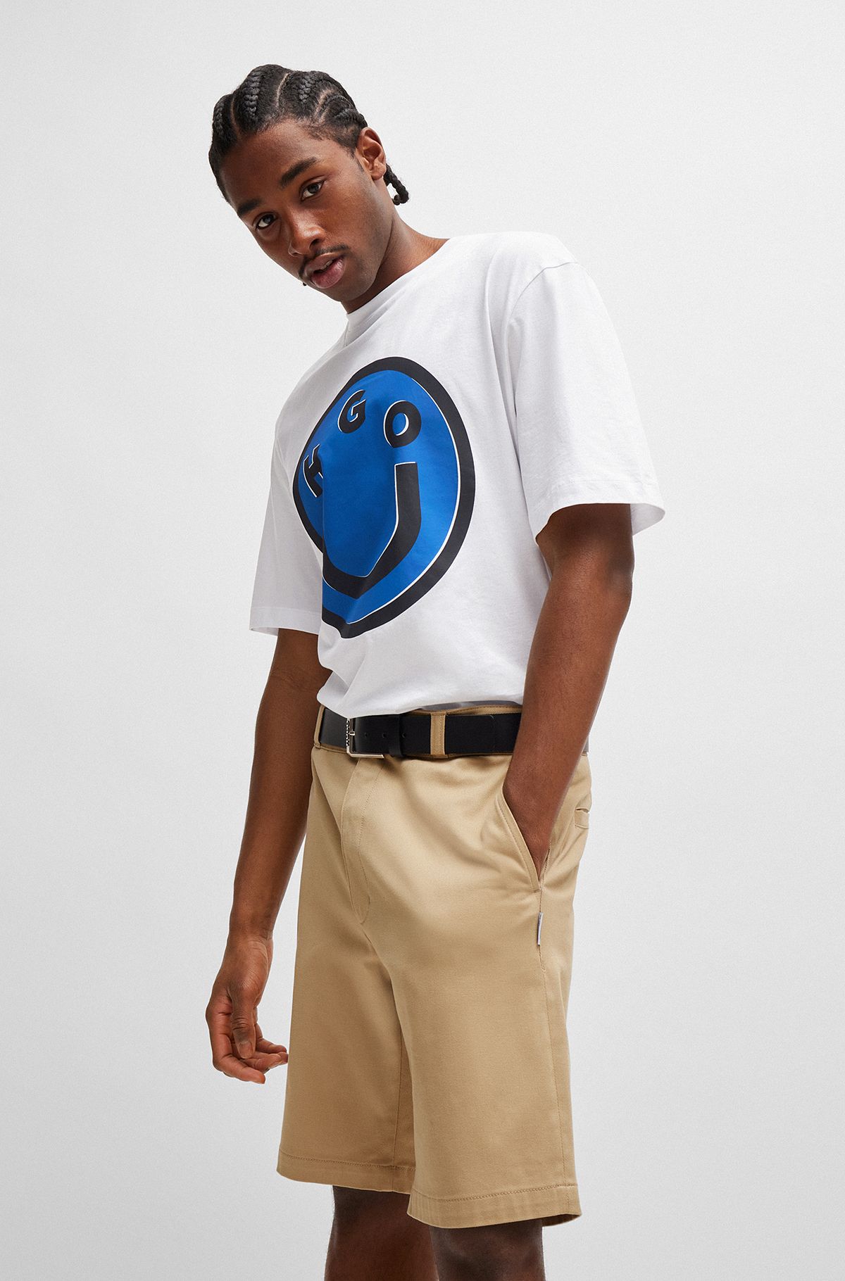 Camiseta de punto de algodón con ilustración del logo sonriente, Blanco