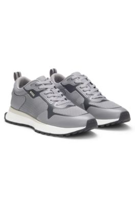 Mesh-detail trainers in mixed materials, Light Grey