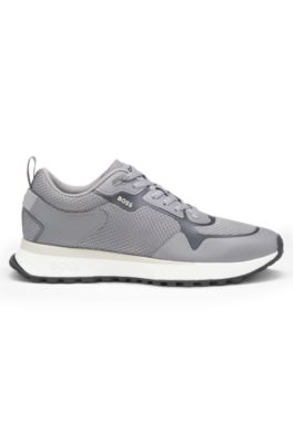 Mesh-detail trainers in mixed materials, Light Grey