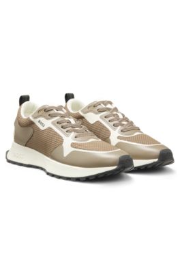 Mesh-detail trainers in mixed materials, Khaki