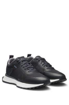 Mesh-detail trainers in mixed materials, Dark Blue