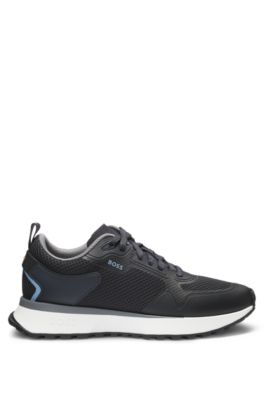 Mesh-detail trainers in mixed materials, Dark Blue