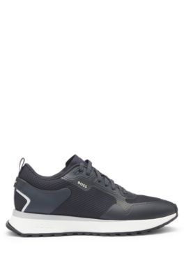 Mesh-detail trainers in mixed materials, Dark Blue