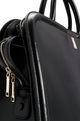 Leather tote bag with detachable pouch, Black