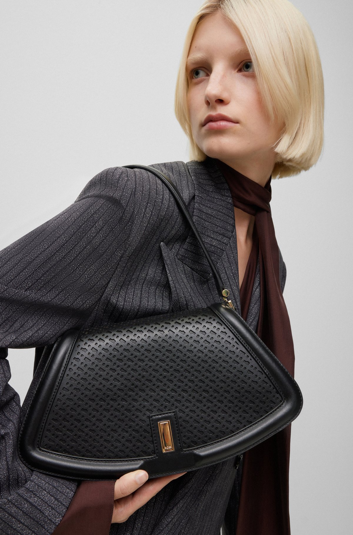 BOSS - Leather shoulder bag with monogram pattern - Black BOSS - Leather shoulder bag with monogram pattern - Black