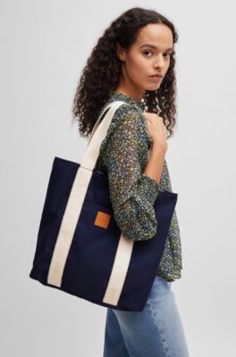 Slimline canvas tote bag with logo patch, Dark Blue