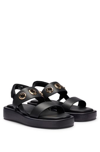 Leather sandals with eyelet details, Black